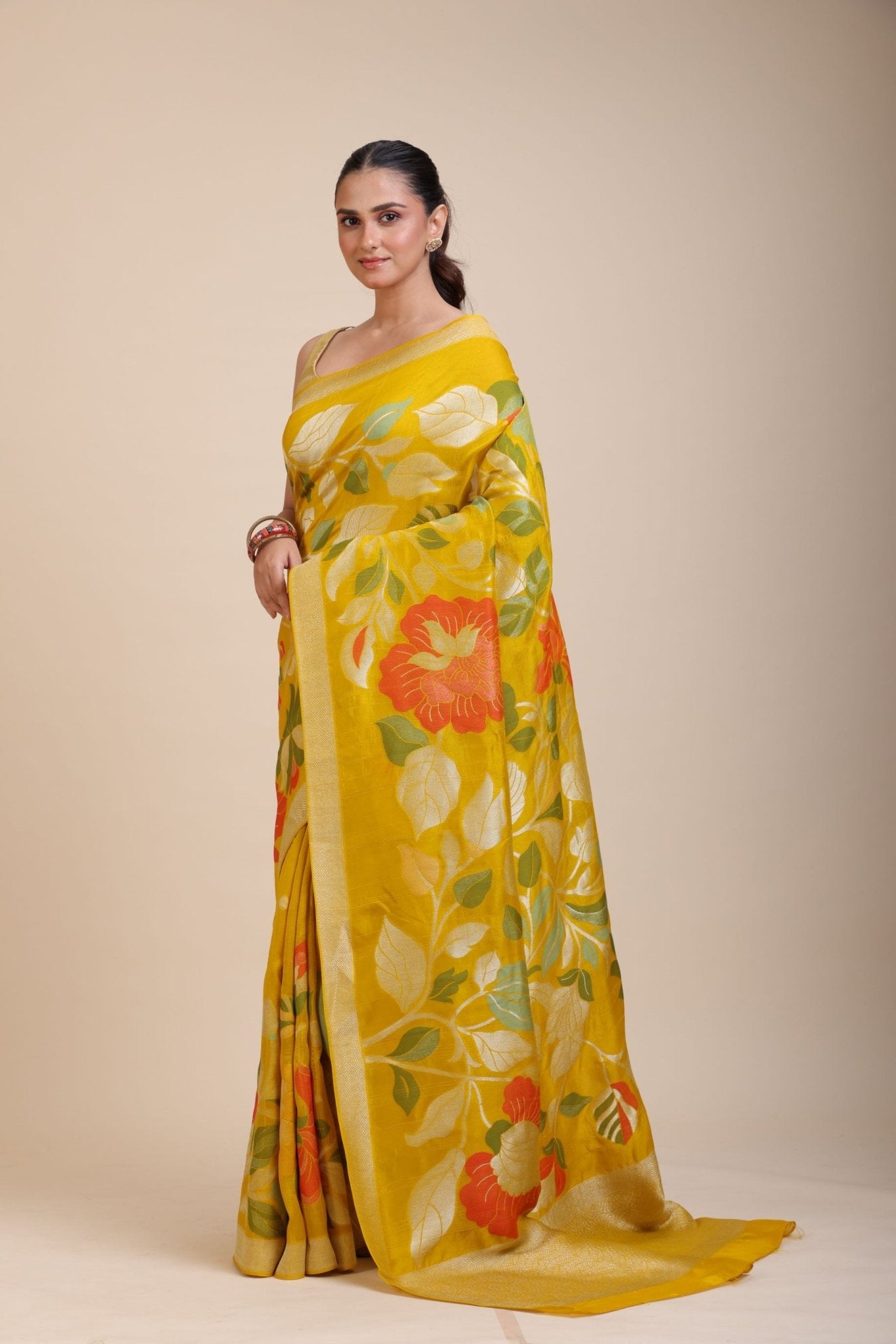 Yellow Floral Woven Silk Saree - Anvi Couture