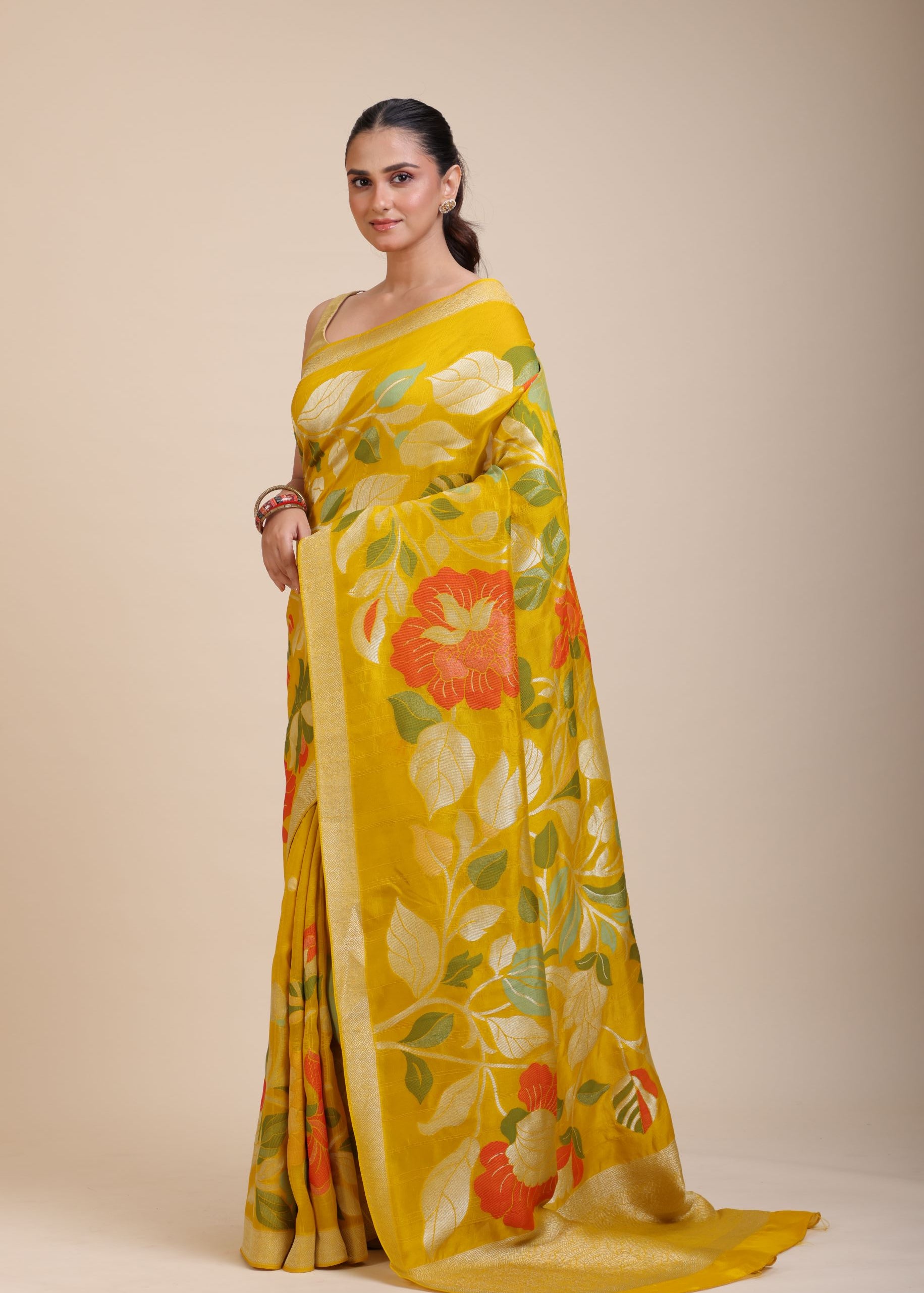Yellow Floral Woven Silk Saree Front
