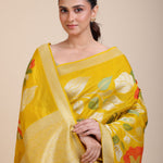 Yellow Floral Woven Silk Saree Close Up
