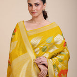 Yellow Floral Woven Silk Saree Close Up
