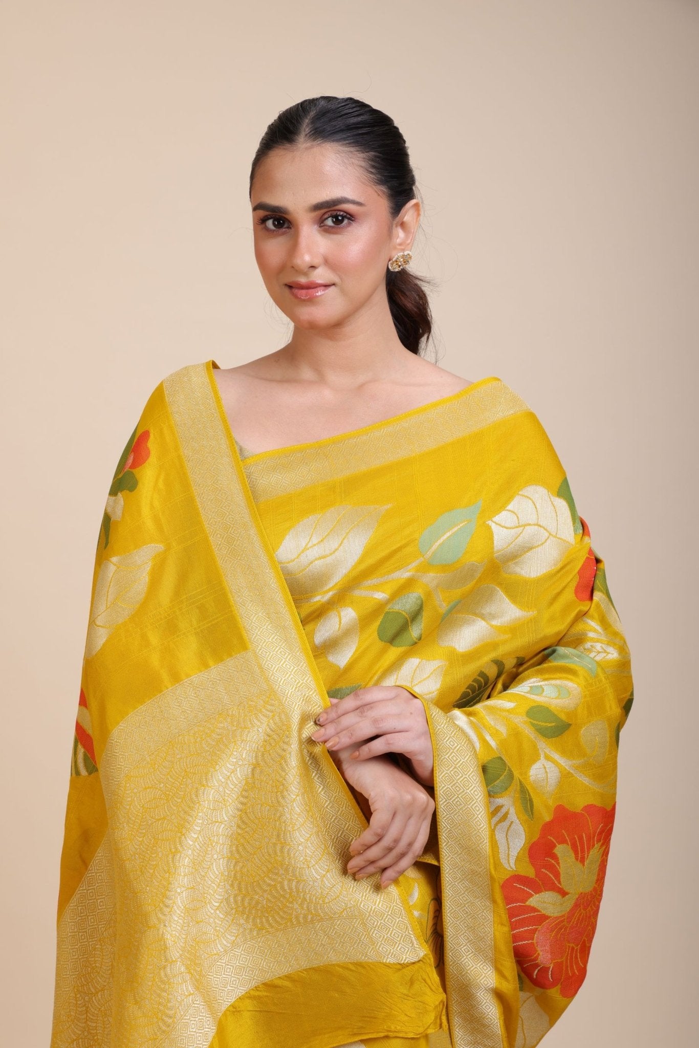 Yellow Floral Woven Silk Saree - Anvi Couture