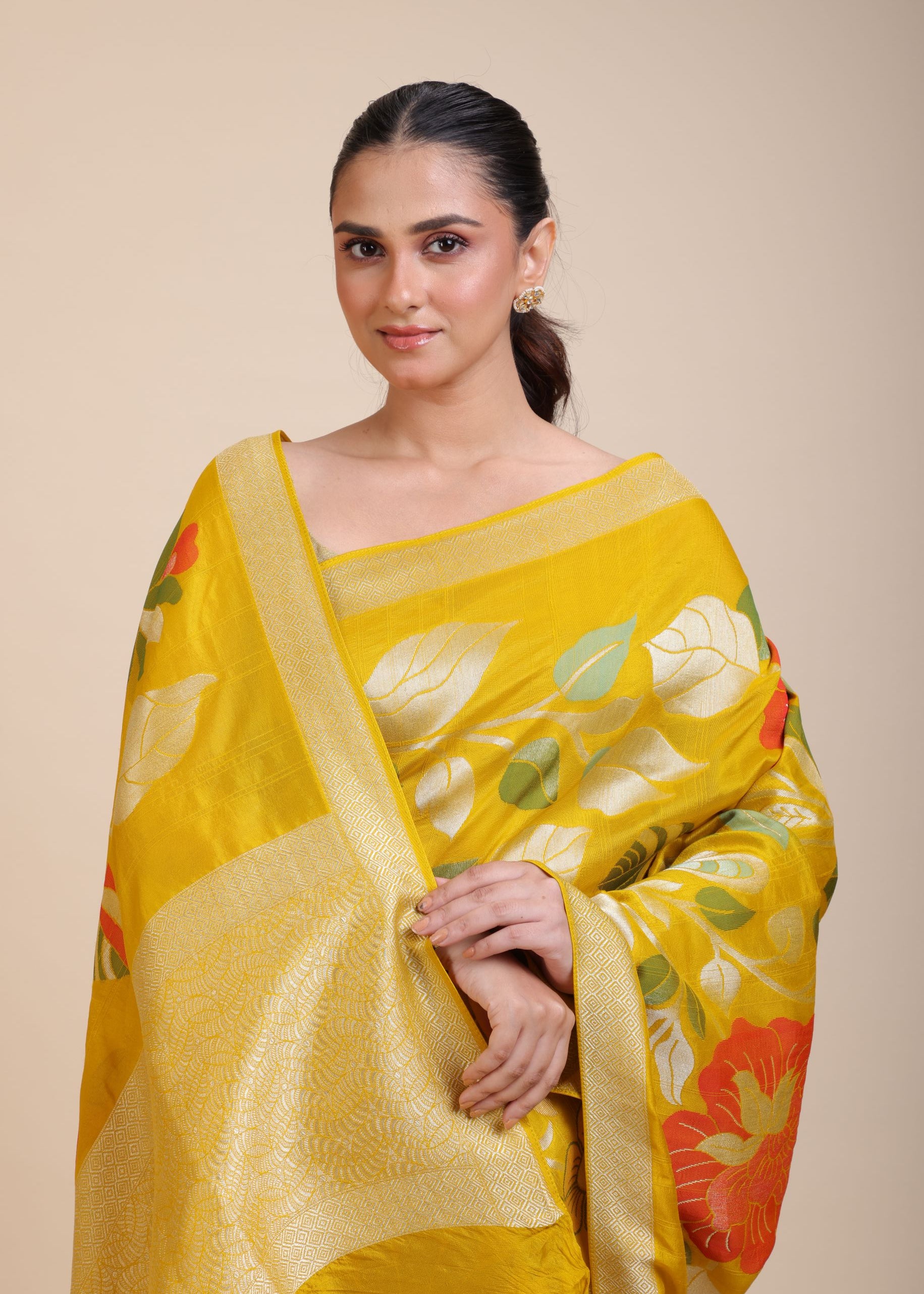 Yellow Floral Woven Silk Saree Close Up
