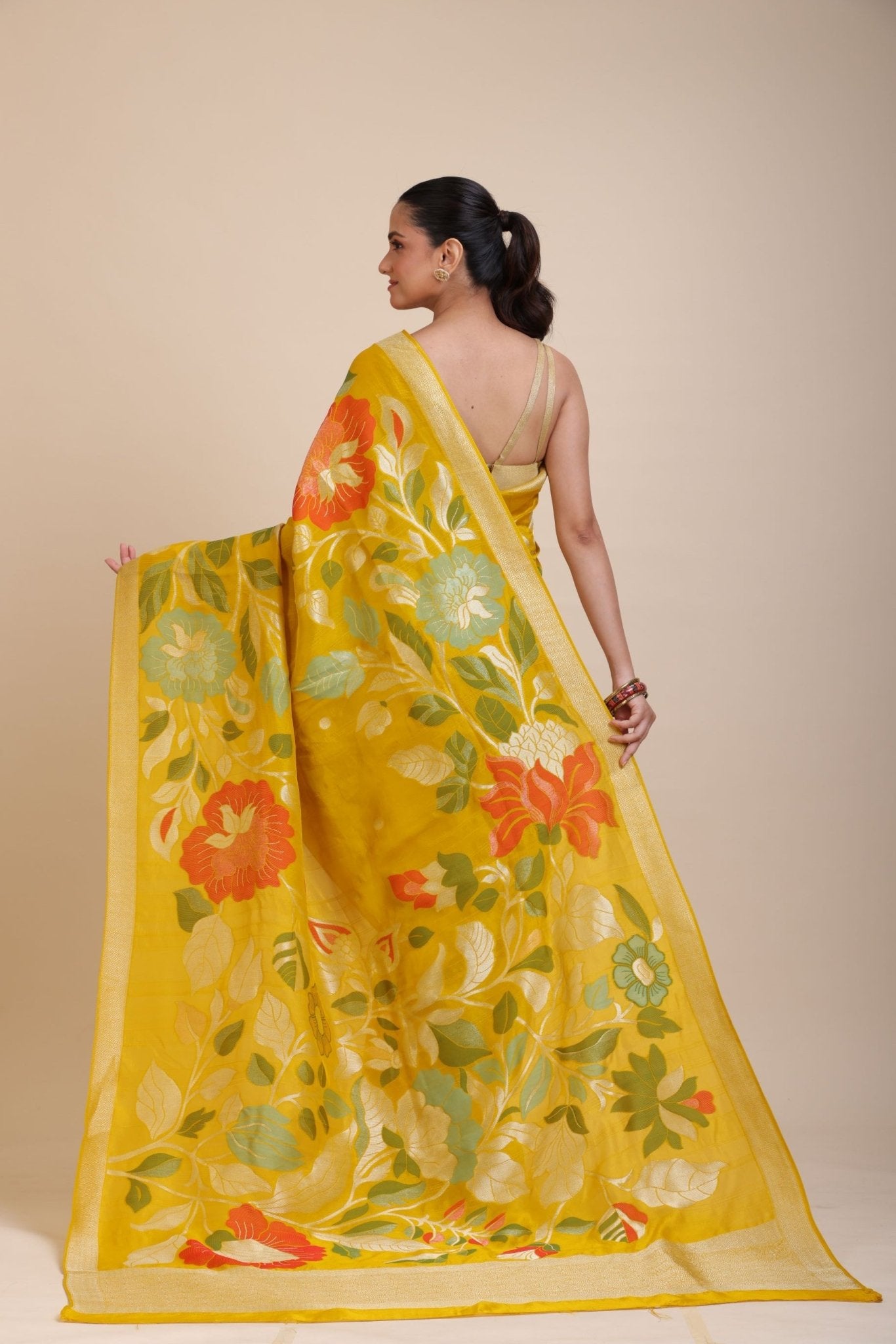 Yellow Floral Woven Silk Saree - Anvi Couture