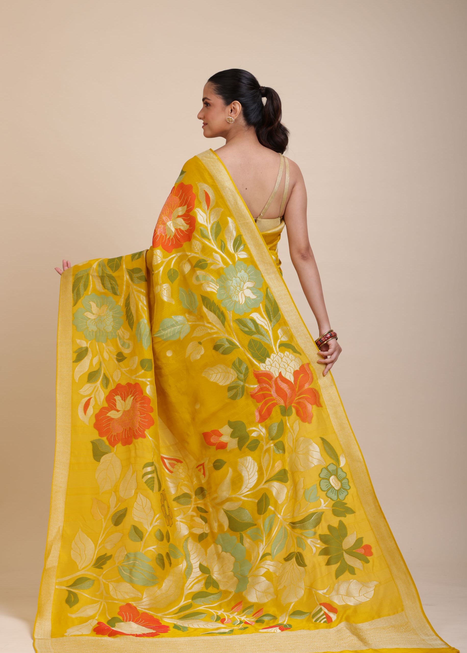 Yellow Floral Woven Silk Saree Back
