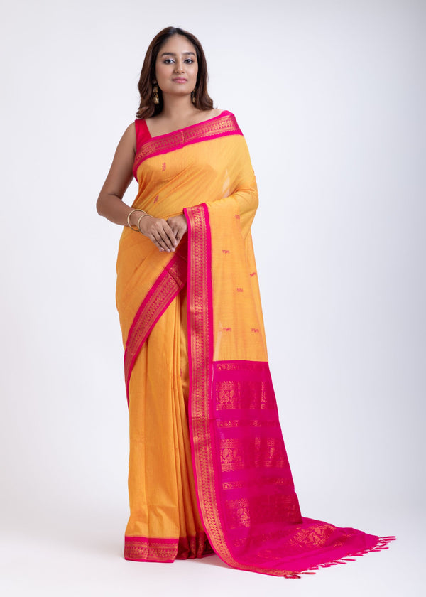Yellow Gadwal Saree With Pink Border Full

