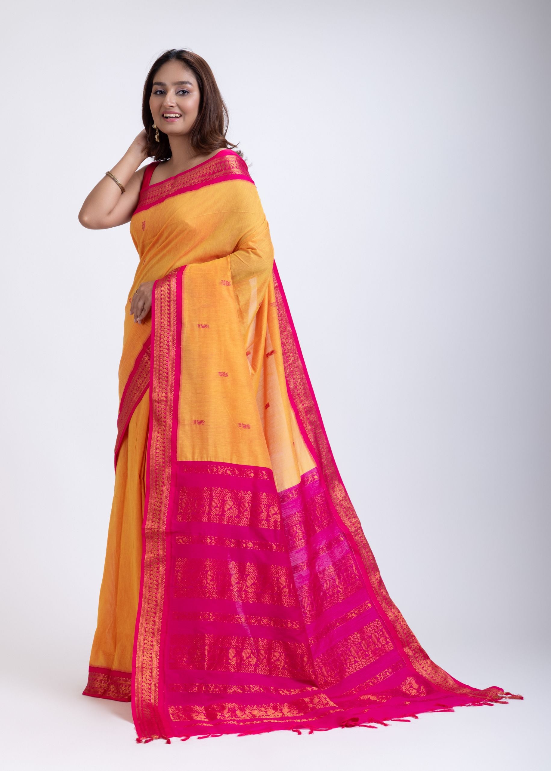 Yellow Gadwal Saree With Pink Border Front

