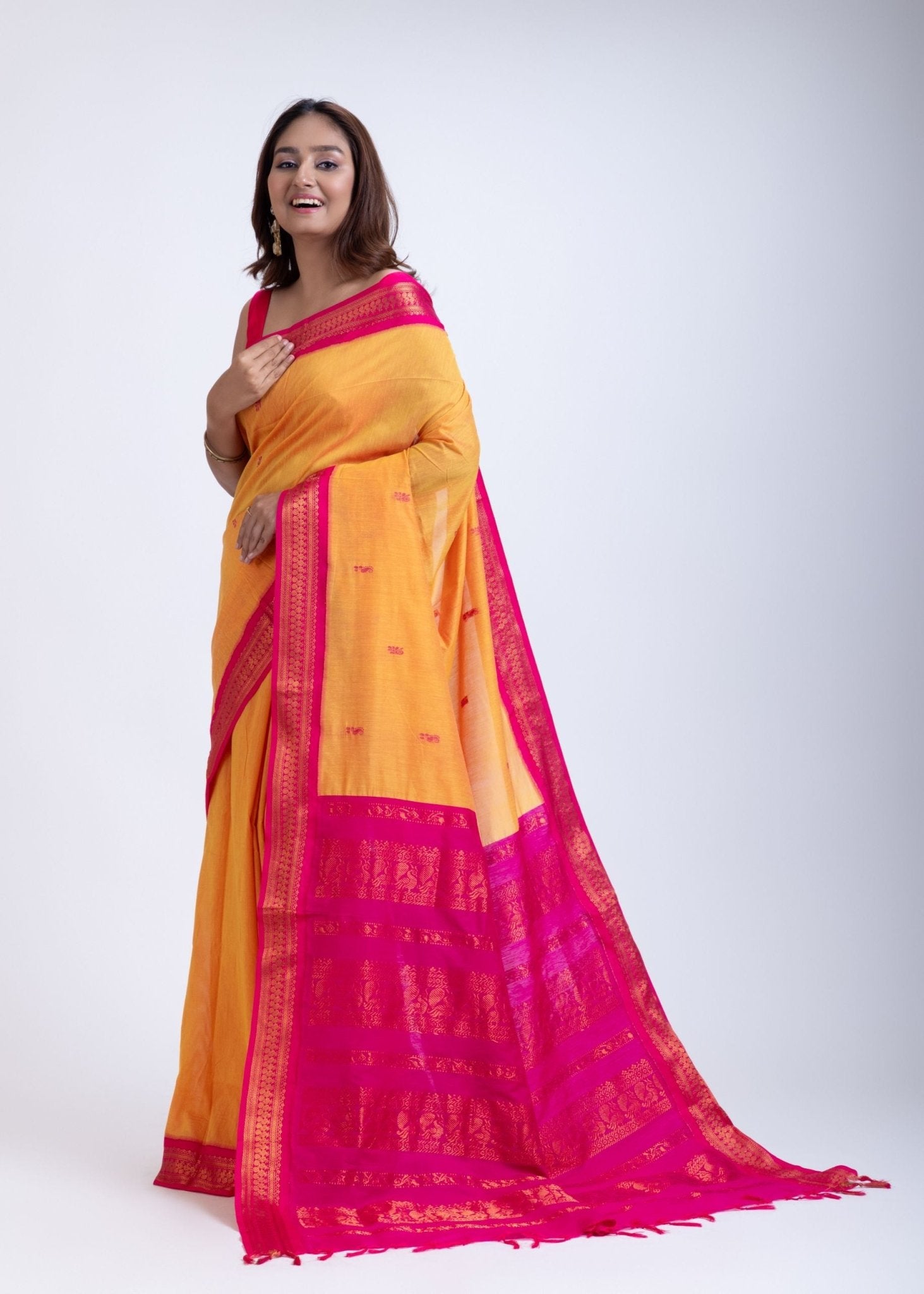 Yellow Gadwal Saree With Pink Border - Anvi Couture