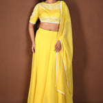 Yellow Georgette Lehenga Set with Embroidered Top with White Lace Dupatta