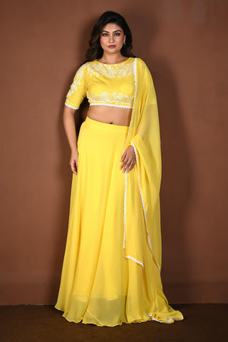 Yellow Georgette Lehenga Set with Embroidered Top with White Lace Dupatta