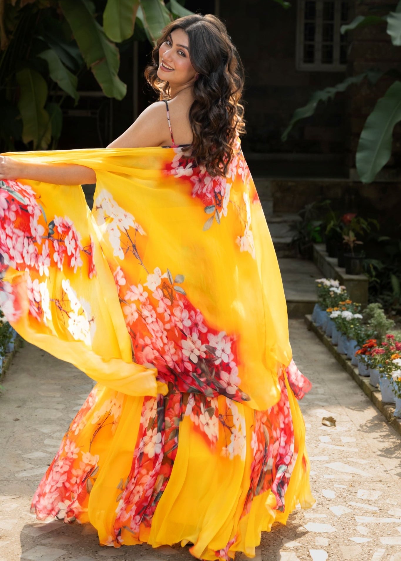 Yellow Lehenga with Multicolored Floral Prints in Georgette Fabrics - Anvi Couture
