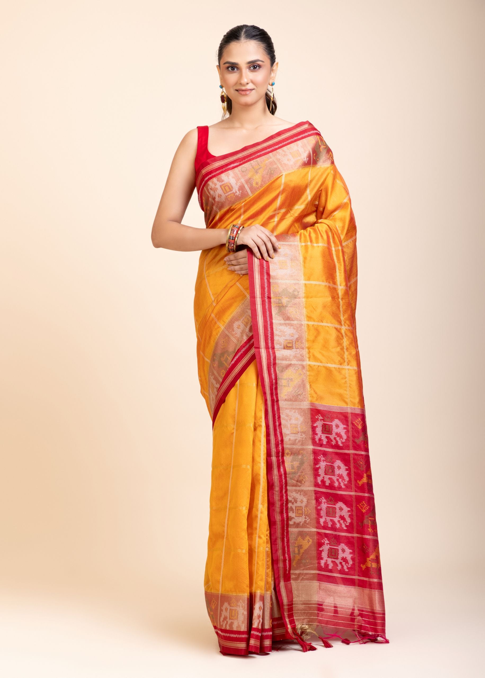 Yellow Gharchola Silk Saree With Red Border
front