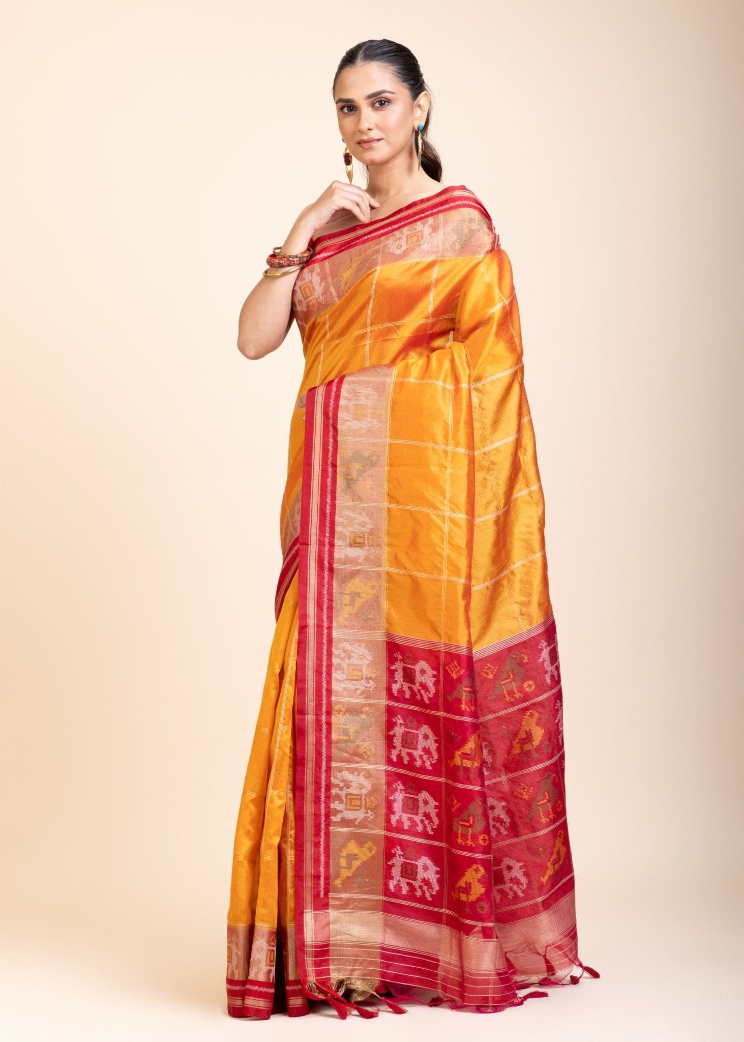Yellow Gharchola Silk Saree With Red Border - Anvi Couture