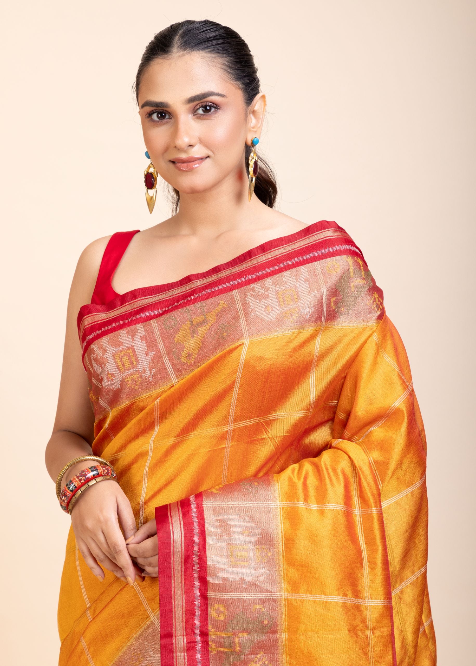 Yellow Gharchola Silk Saree With Red Border
 close