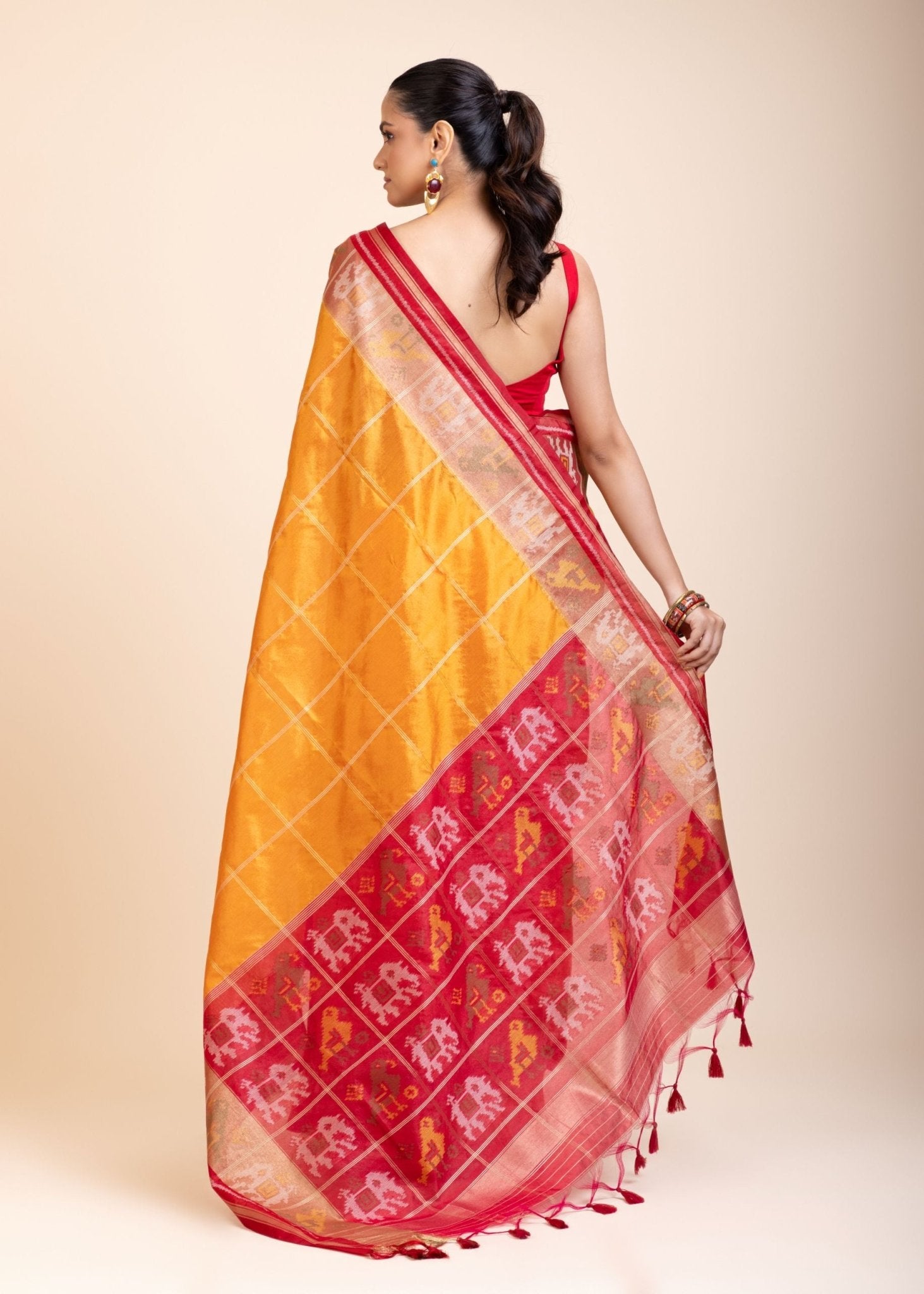 Yellow Gharchola Silk Saree With Red Border - Anvi Couture