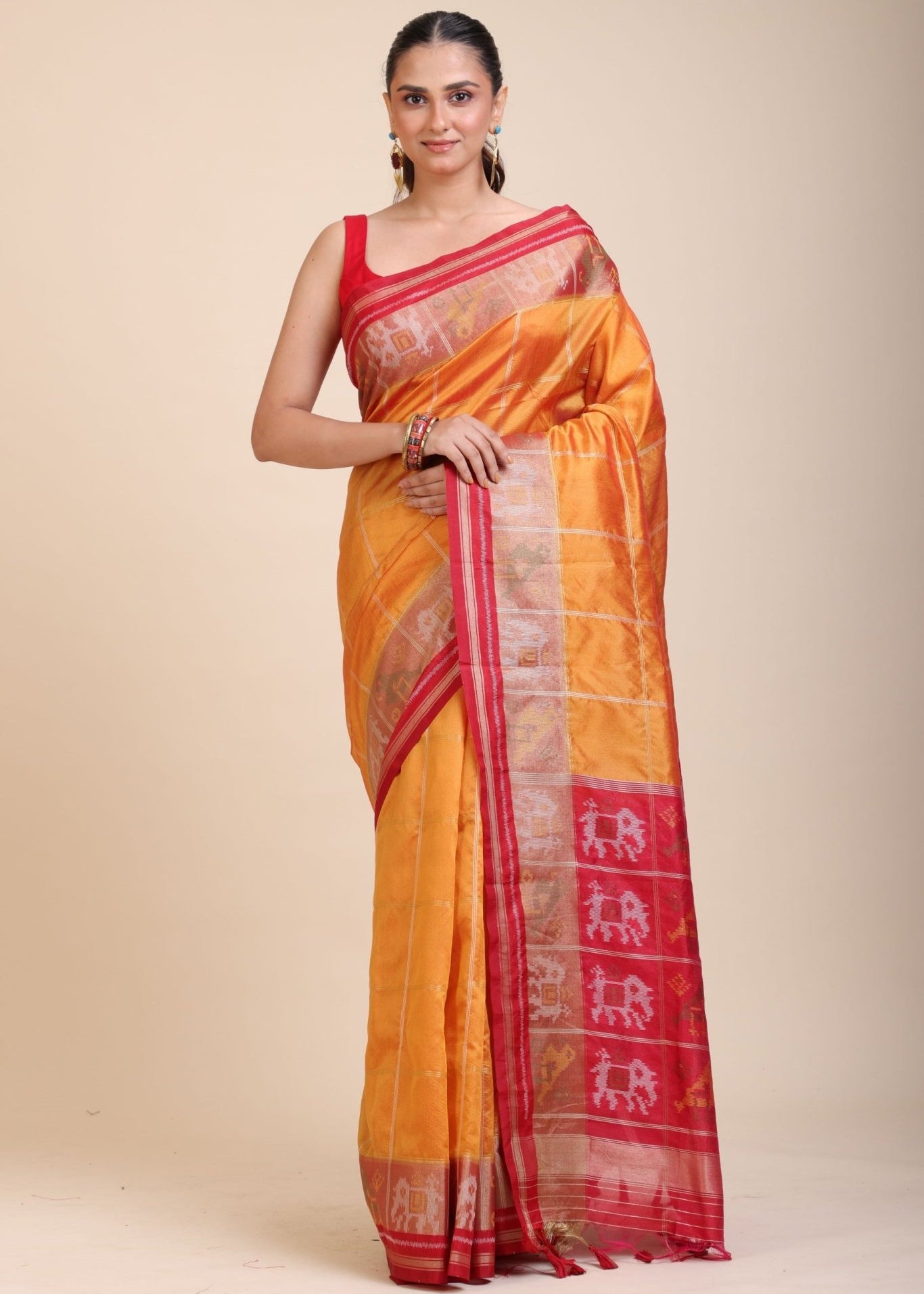 Yellow Gharchola Silk Saree With Red Border - Anvi Couture