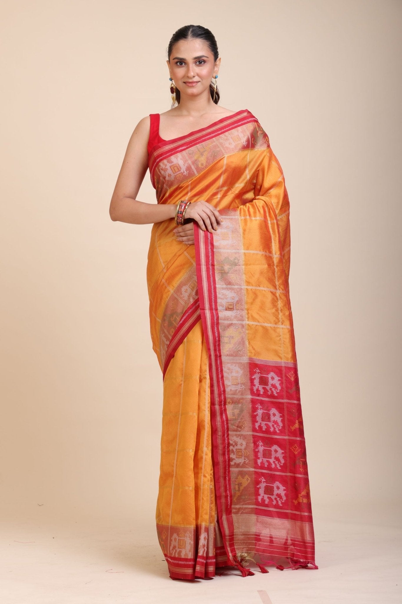 Yellow Gharchola Silk Saree With Red Border - Anvi Couture
