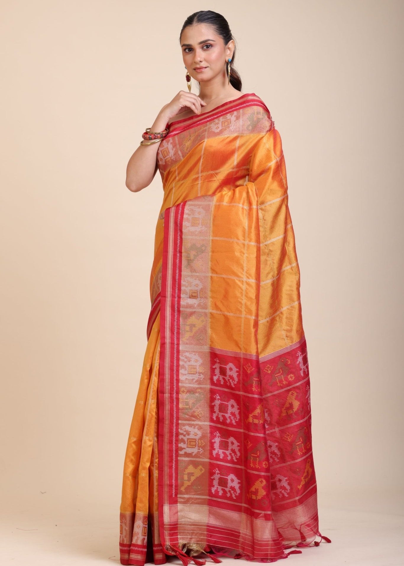 Yellow Gharchola Silk Saree With Red Border - Anvi Couture