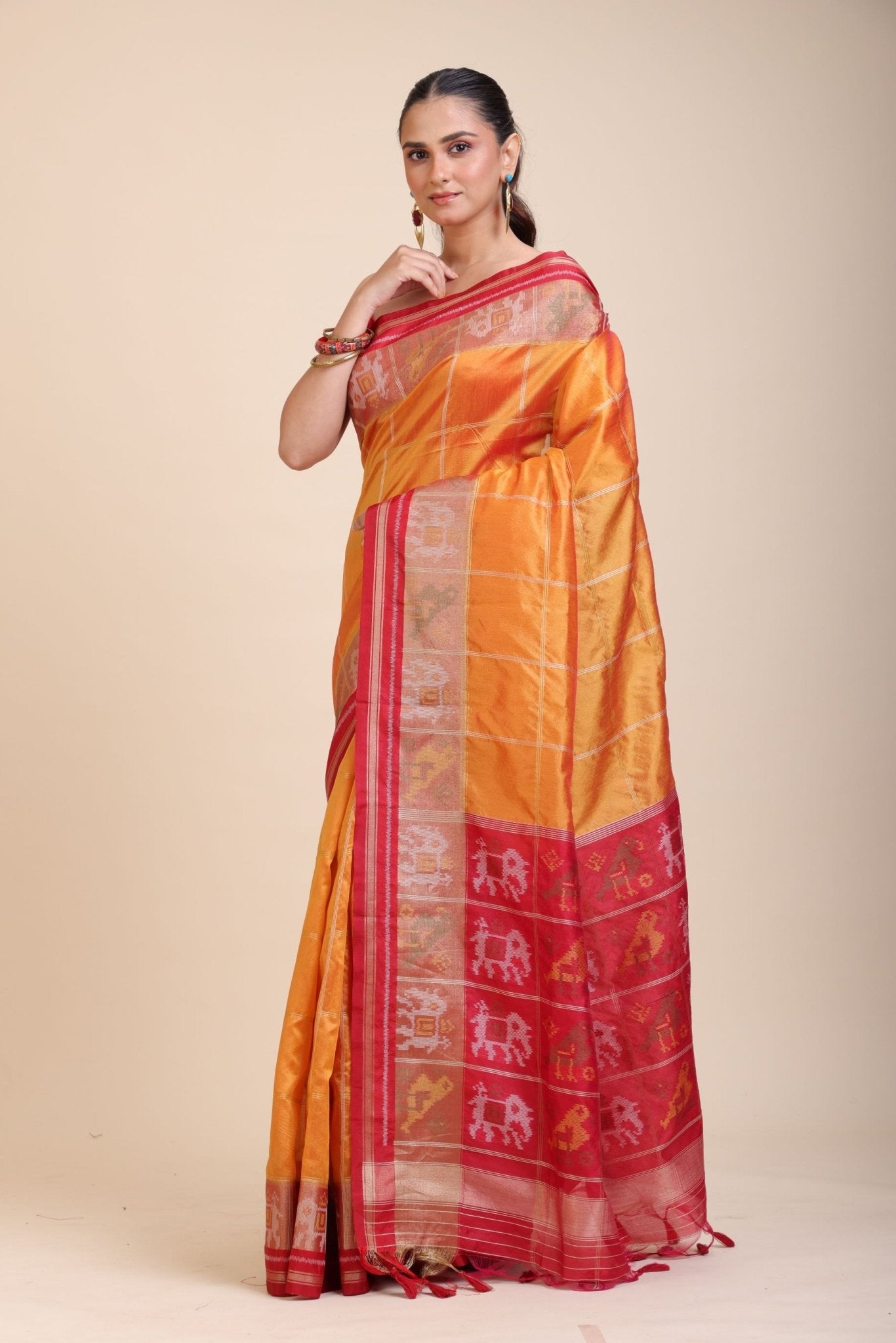Yellow Gharchola Silk Saree With Red Border - Anvi Couture