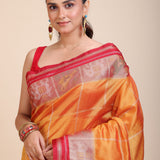 Yellow Gharchola Silk Saree With Red Border Close Up
