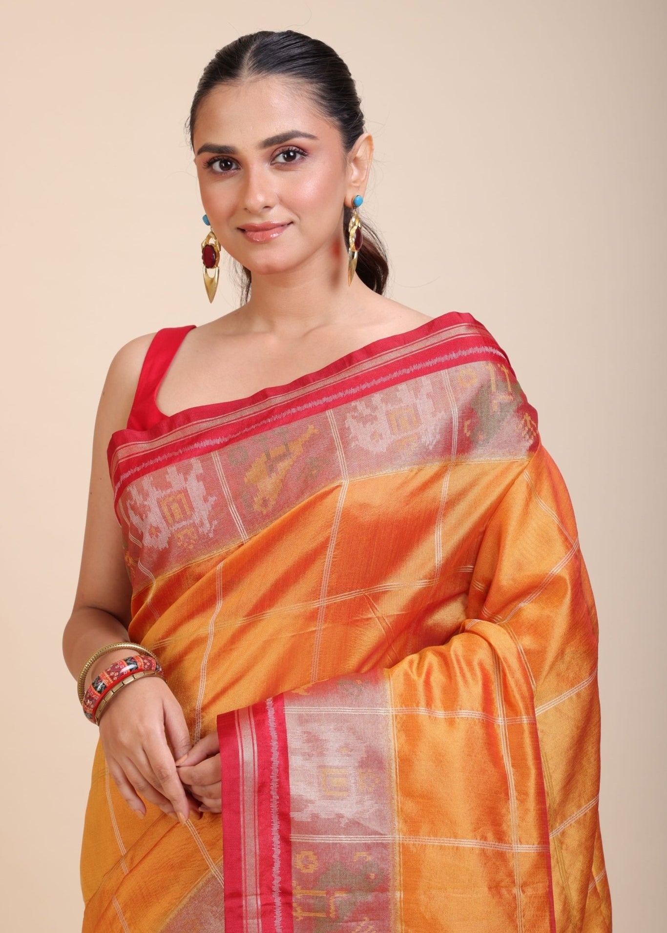 Yellow Gharchola Silk Saree With Red Border - Anvi Couture