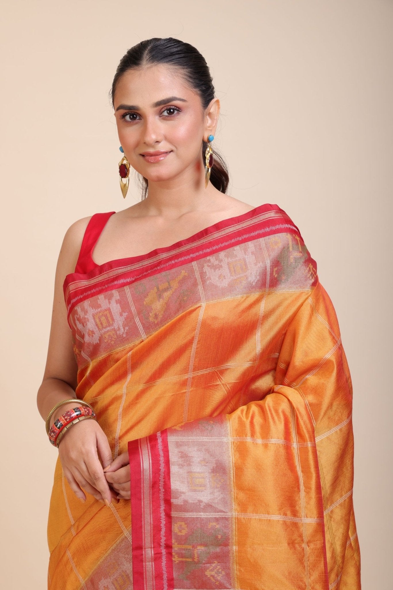 Yellow Gharchola Silk Saree With Red Border - Anvi Couture