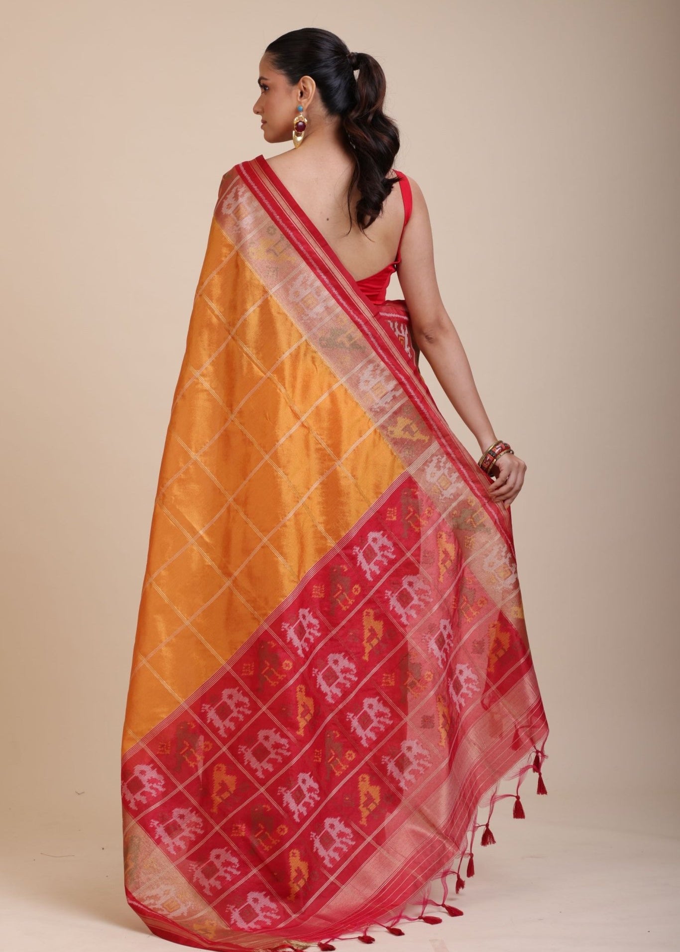 Yellow Gharchola Silk Saree With Red Border - Anvi Couture