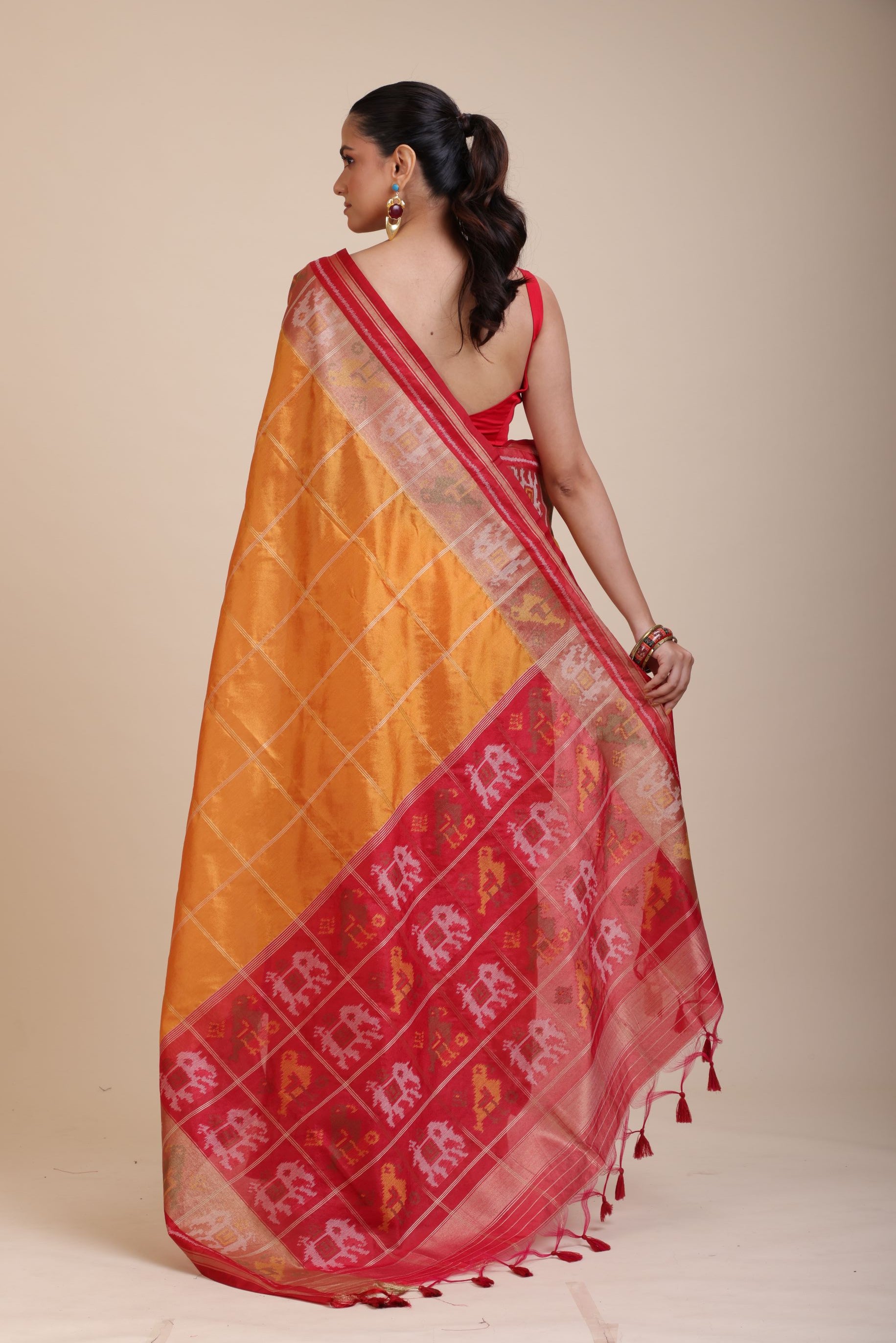 Yellow Gharchola Silk Saree With Red Border Back
