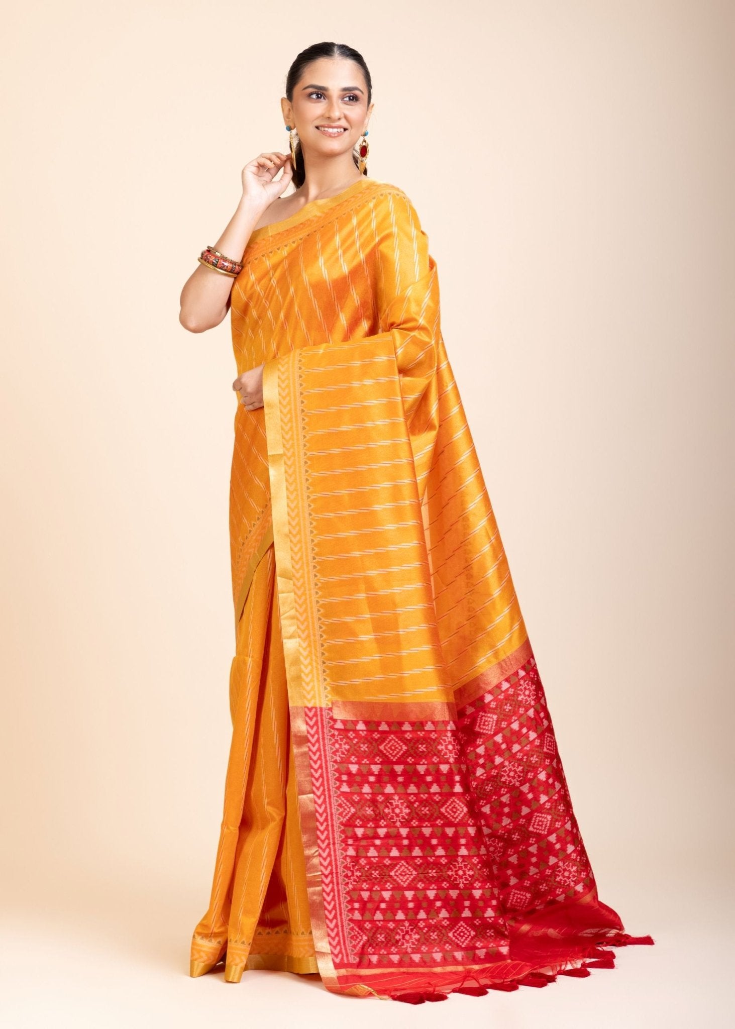 Yellow Gharchola Silk Saree With Red Pallu - Anvi Couture