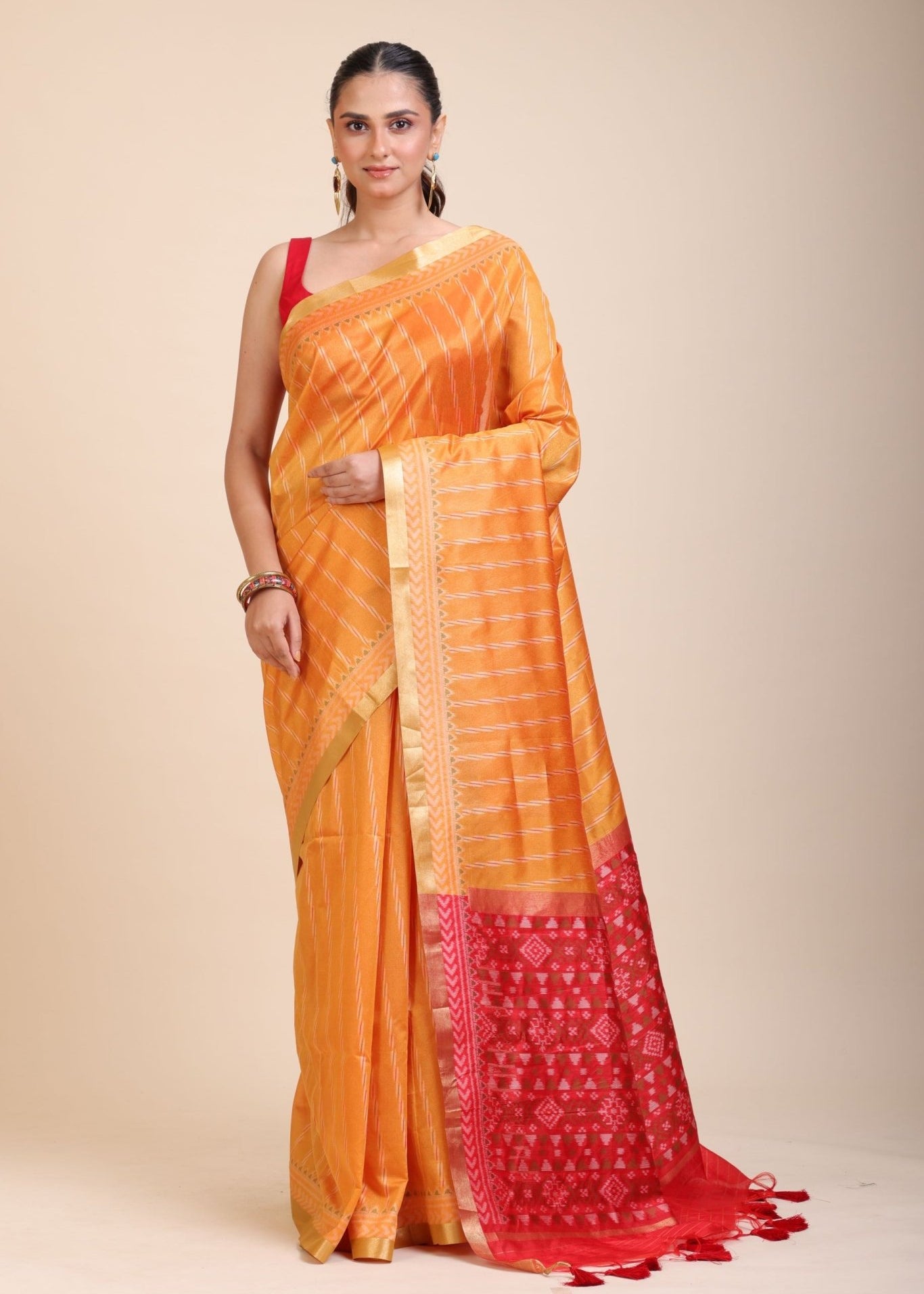 Yellow Gharchola Silk Saree With Red Pallu - Anvi Couture