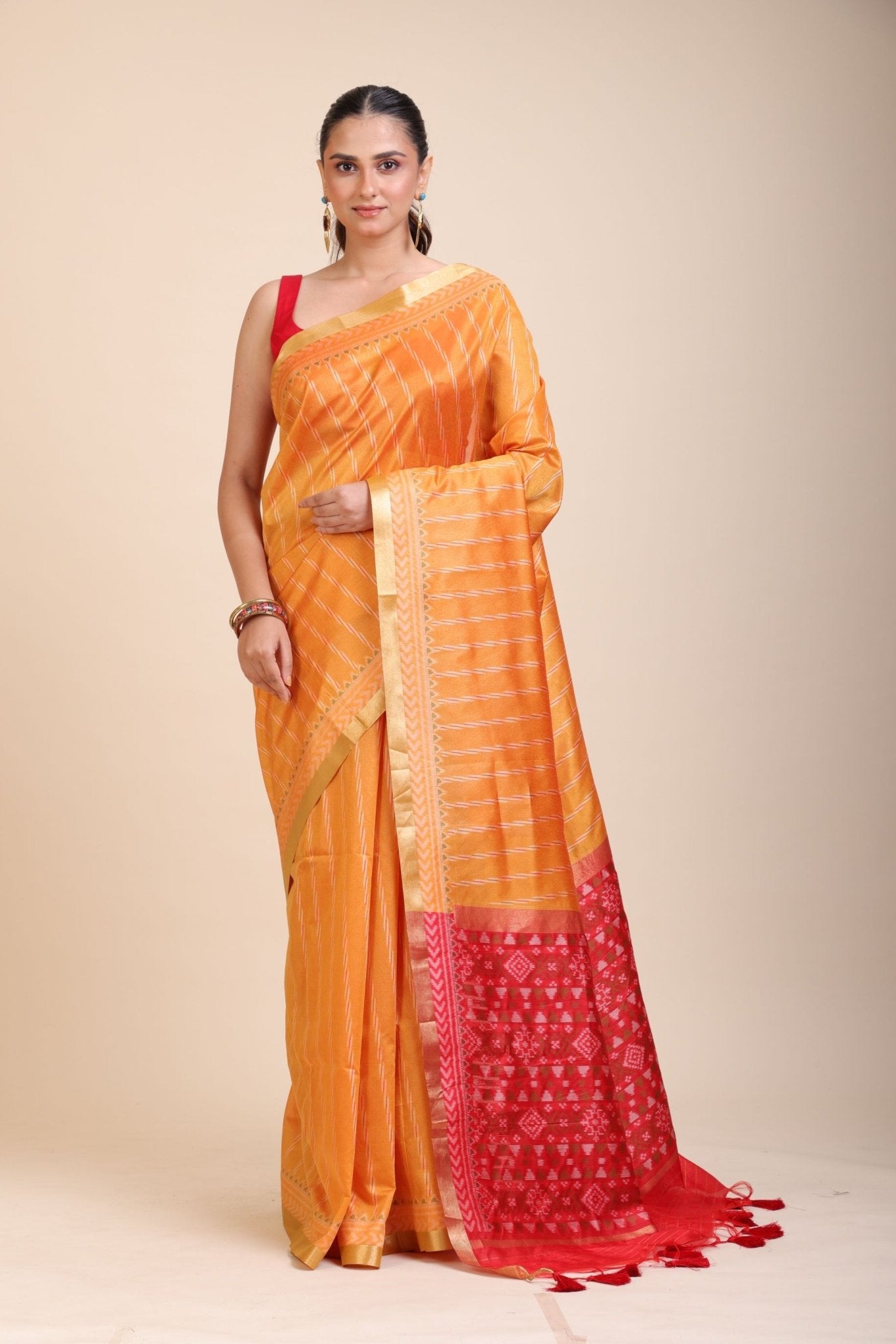 Yellow Gharchola Silk Saree With Red Pallu - Anvi Couture