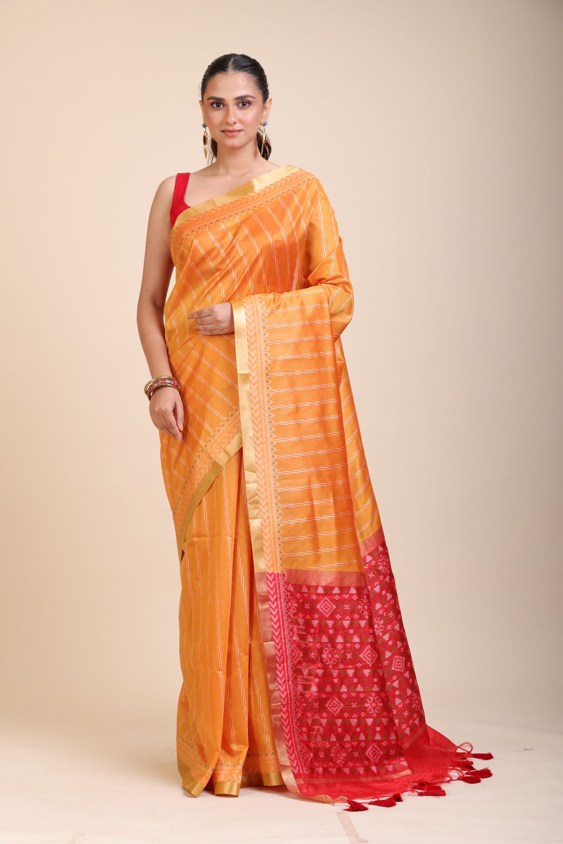 Yellow Gharchola Silk Saree With Red Pallu full