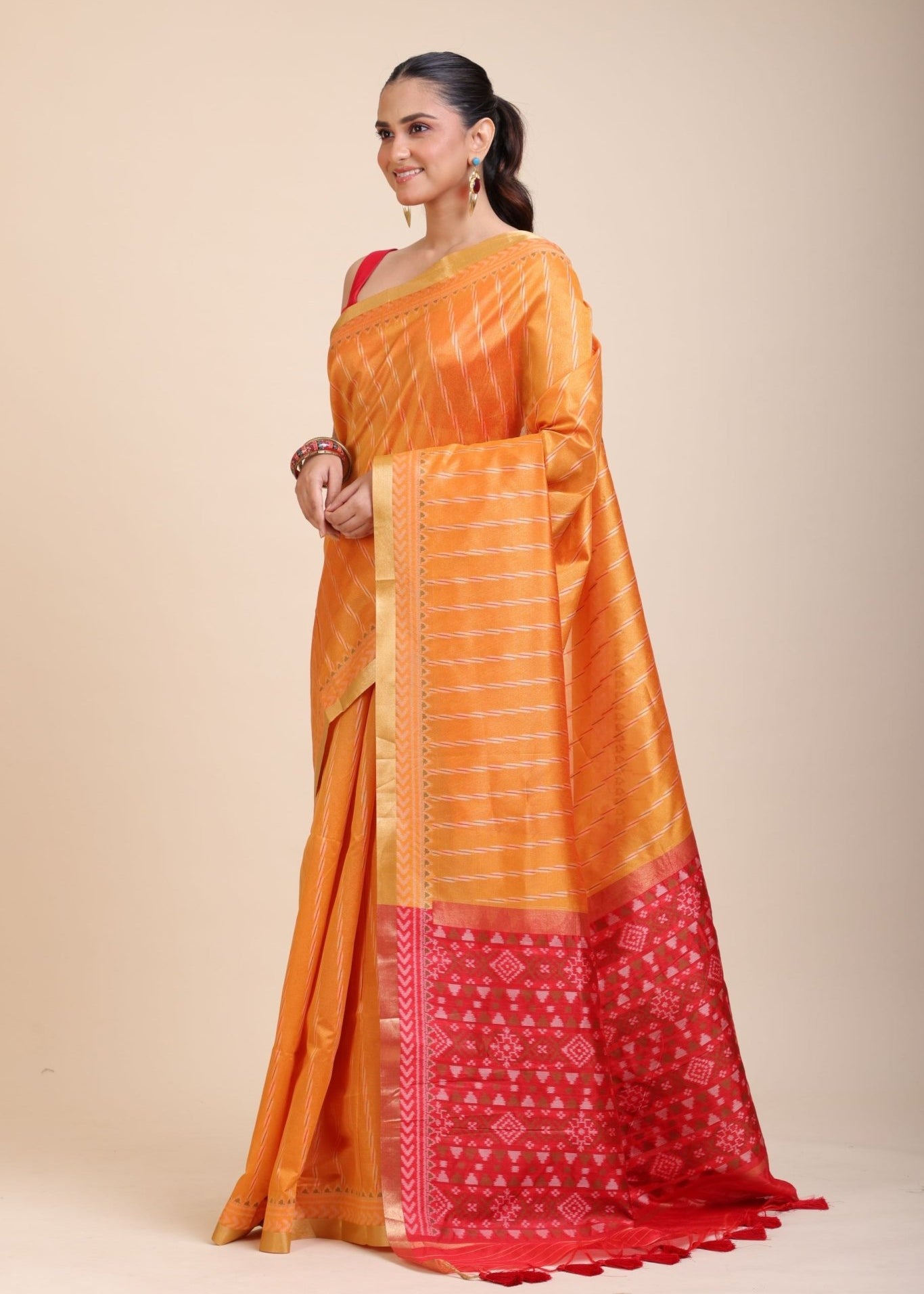 Yellow Gharchola Silk Saree With Red Pallu - Anvi Couture