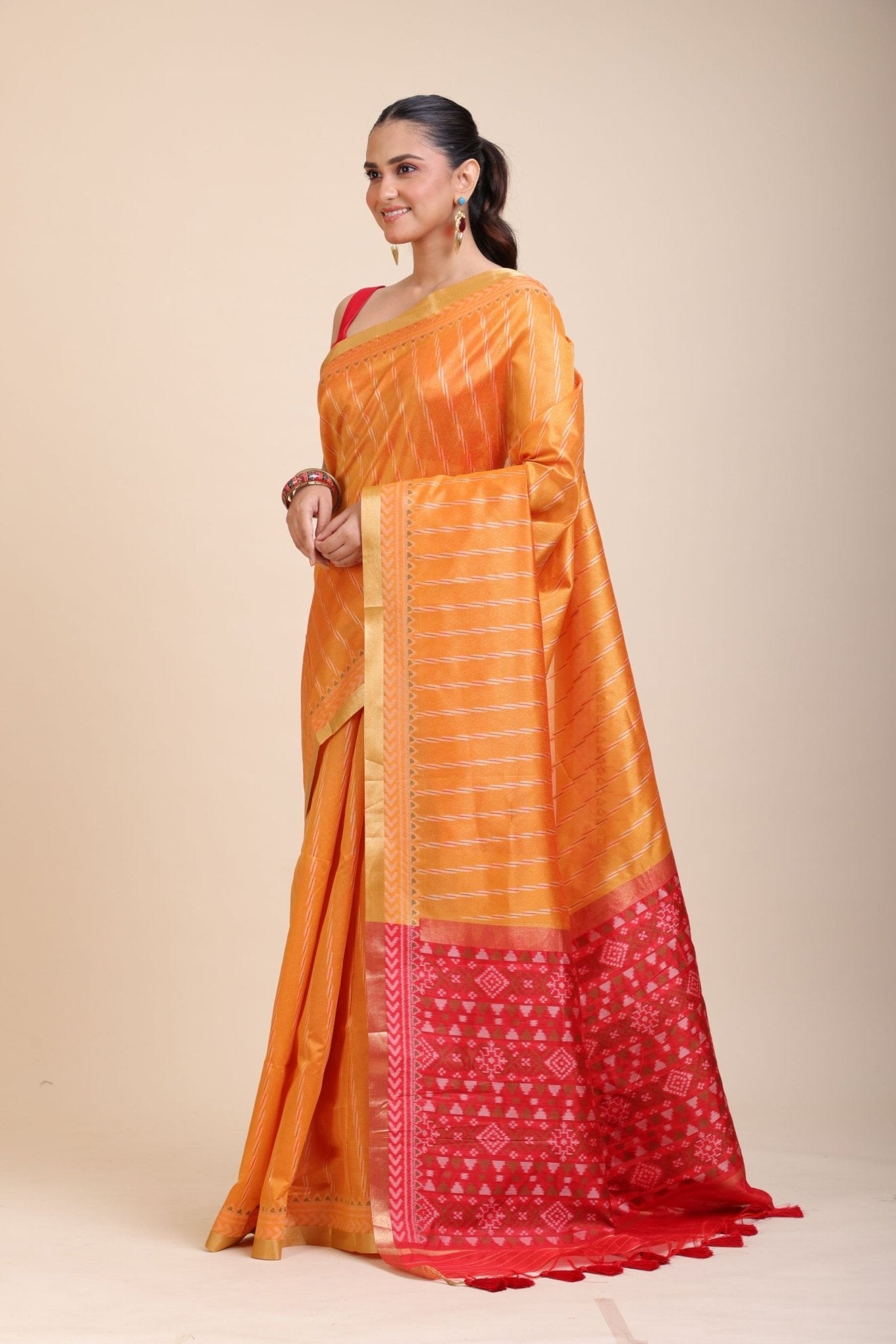 Yellow Gharchola Silk Saree With Red Pallu - Anvi Couture