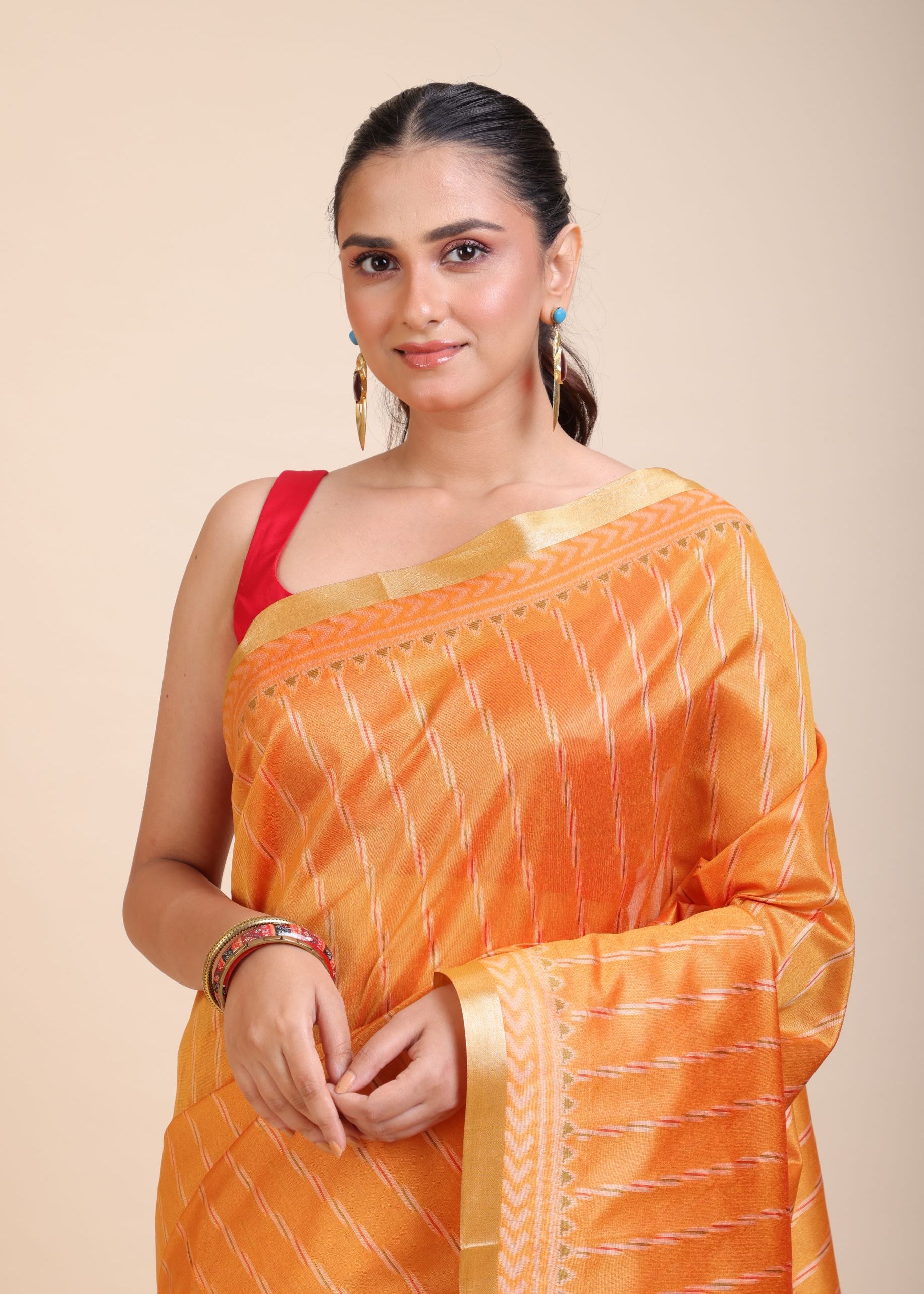 Yellow Gharchola Silk Saree With Red Pallu close up