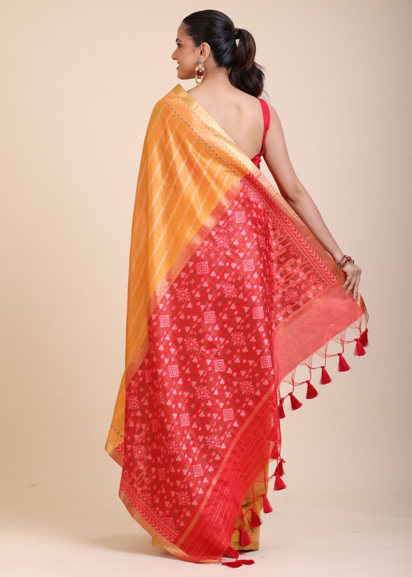 Yellow Gharchola Silk Saree With Red Pallu - Anvi Couture