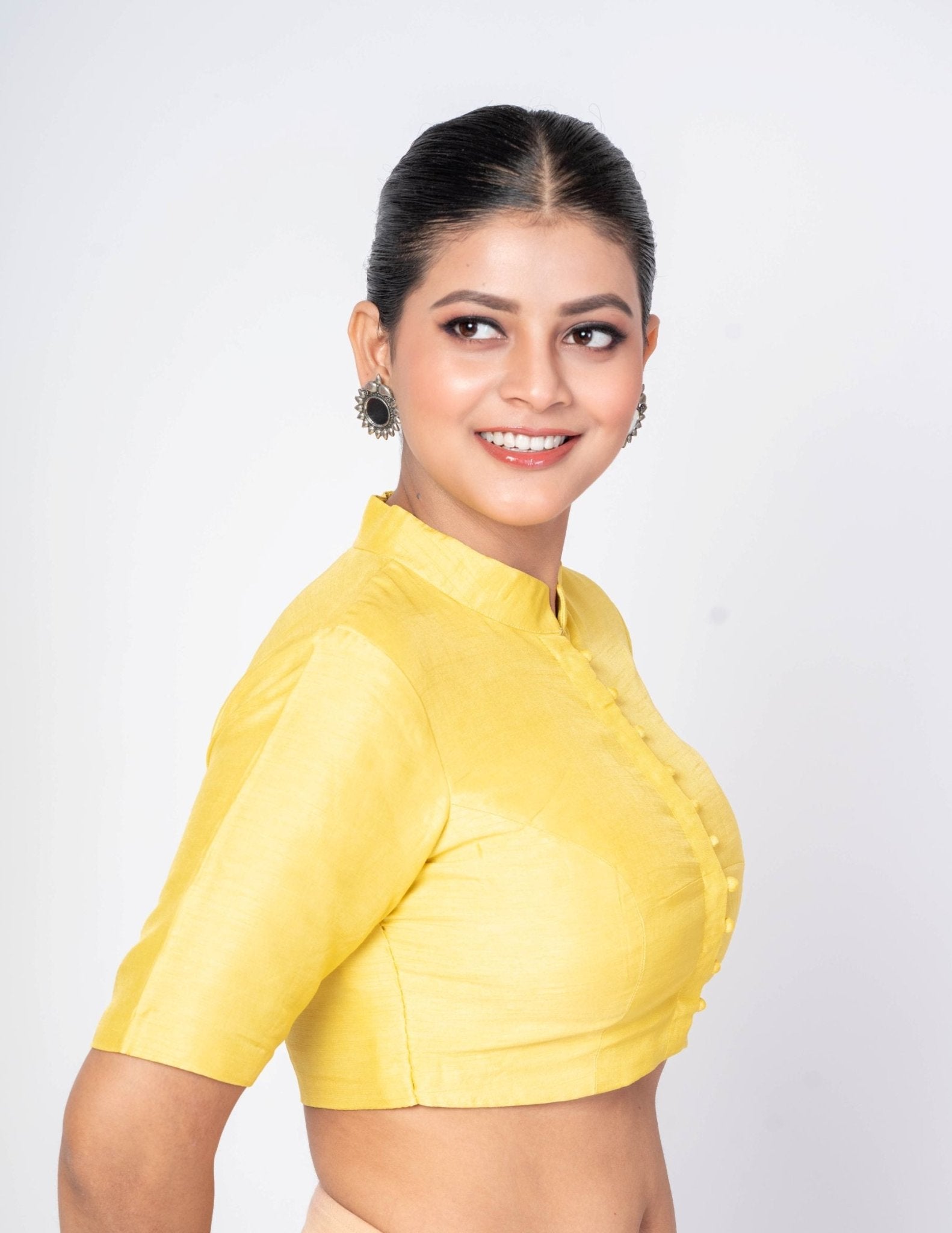 Yellow Half Sleeves High Neck Raw Silk Blouse With Back Closure - Anvi Couture