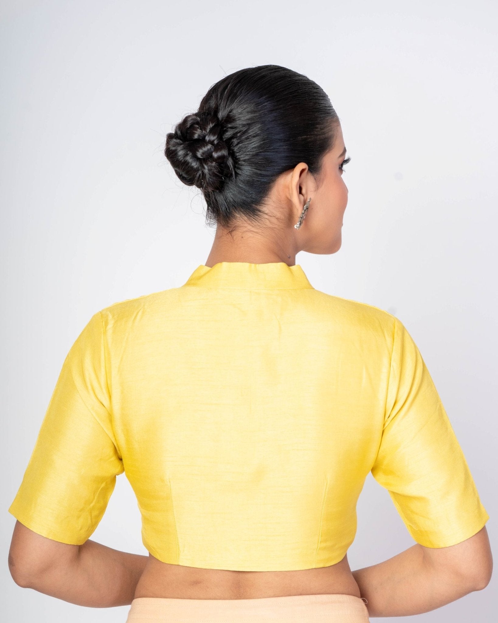 Yellow Half Sleeves High Neck Raw Silk Blouse With Back Closure - Anvi Couture