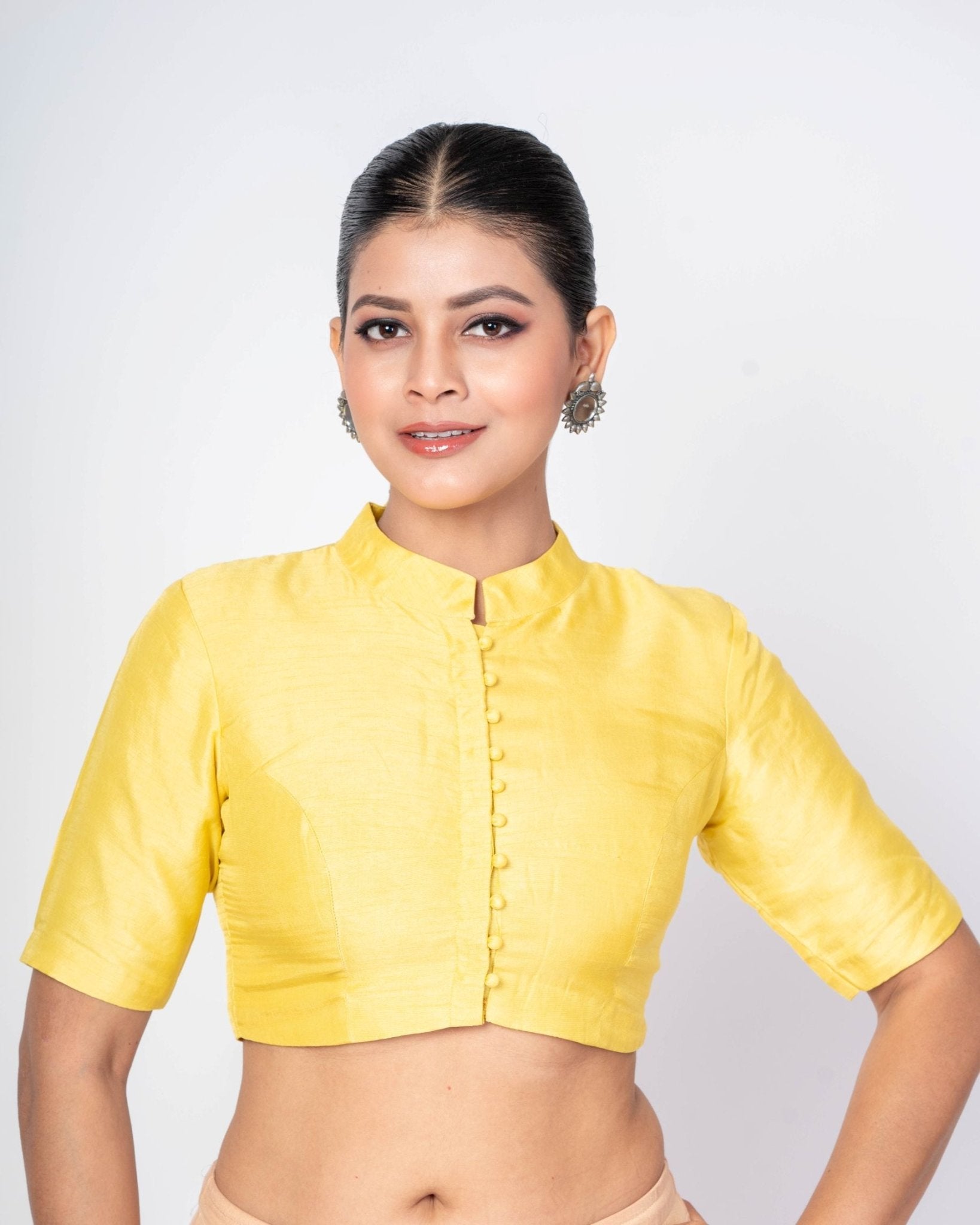 Yellow Half Sleeves High Neck Raw Silk Blouse With Back Closure - Anvi Couture