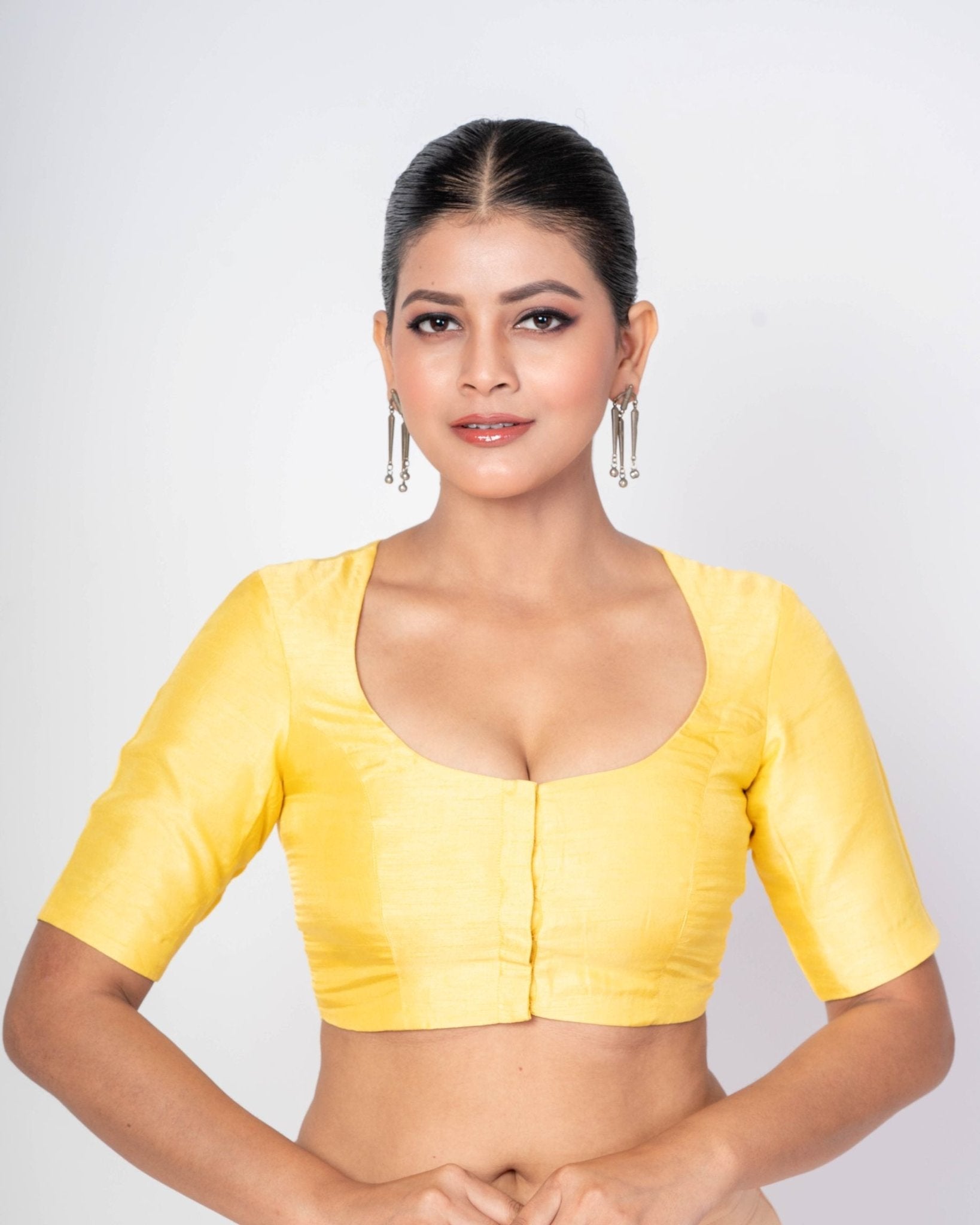 Lemon Yellow Half Sleeves U - Neck Satin Silk Blouse with Back Closure 