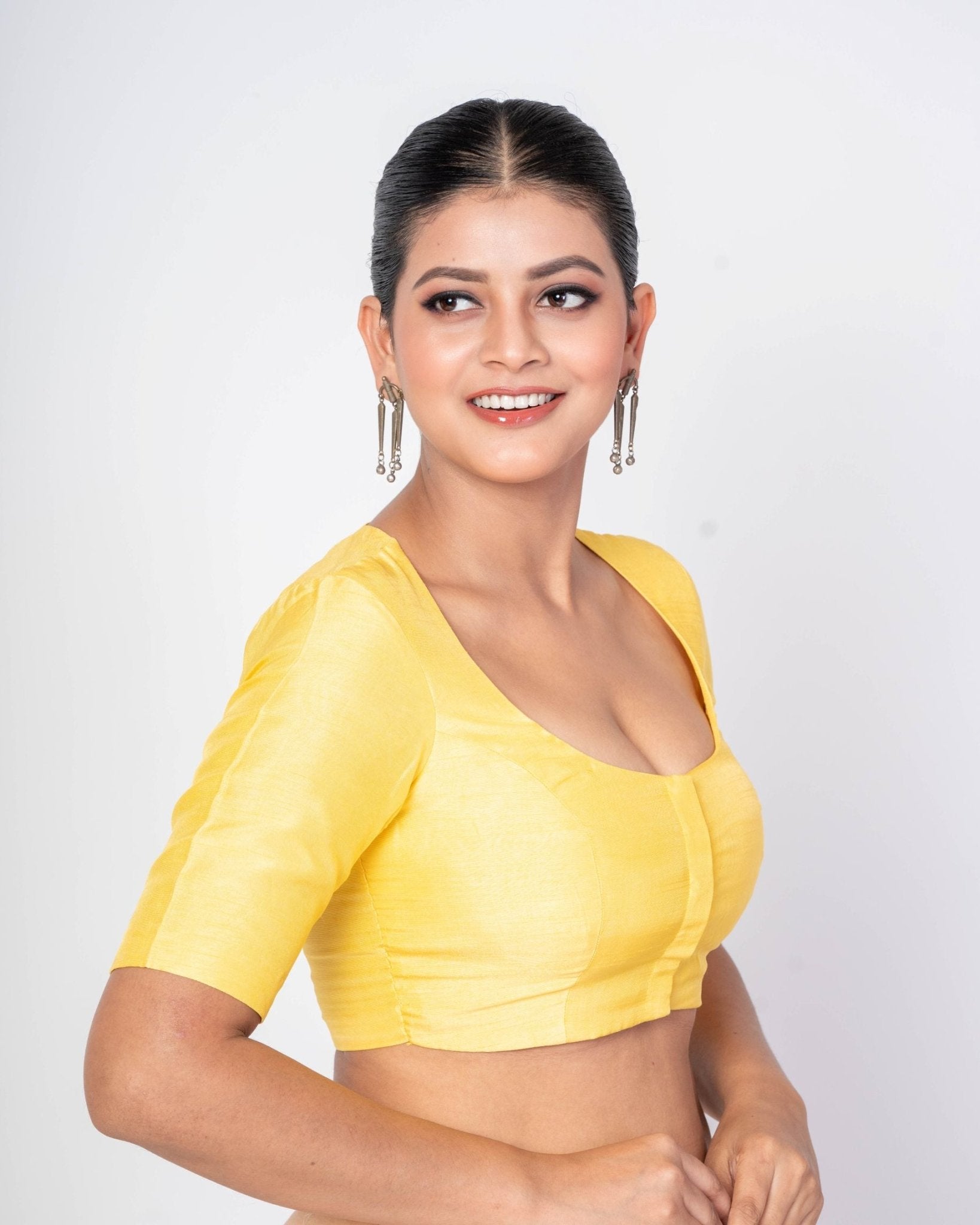 Deep Yellow Half Sleeves U - Neck Pure Satin Silk Blouse with Back Closure 