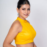 Yellow Halter Neck Blouse with Diamond Back Cut - Out