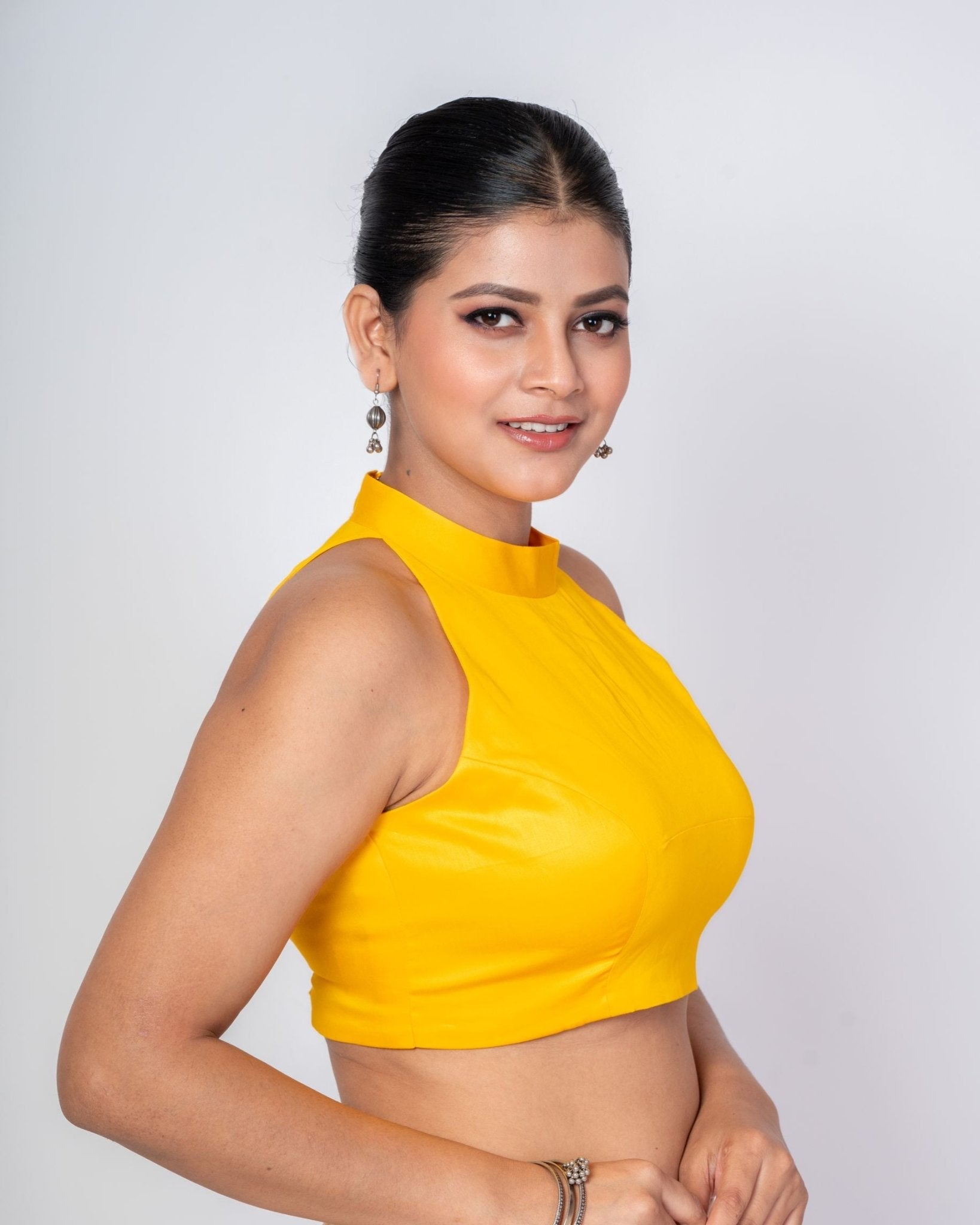 Yellow Halter Neck Blouse with Diamond Back Cut - Out
