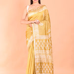 Yellow Hand Block Painted Pure Silk Saree front view
