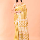 Yellow Hand Block Painted Pure Silk Saree front view