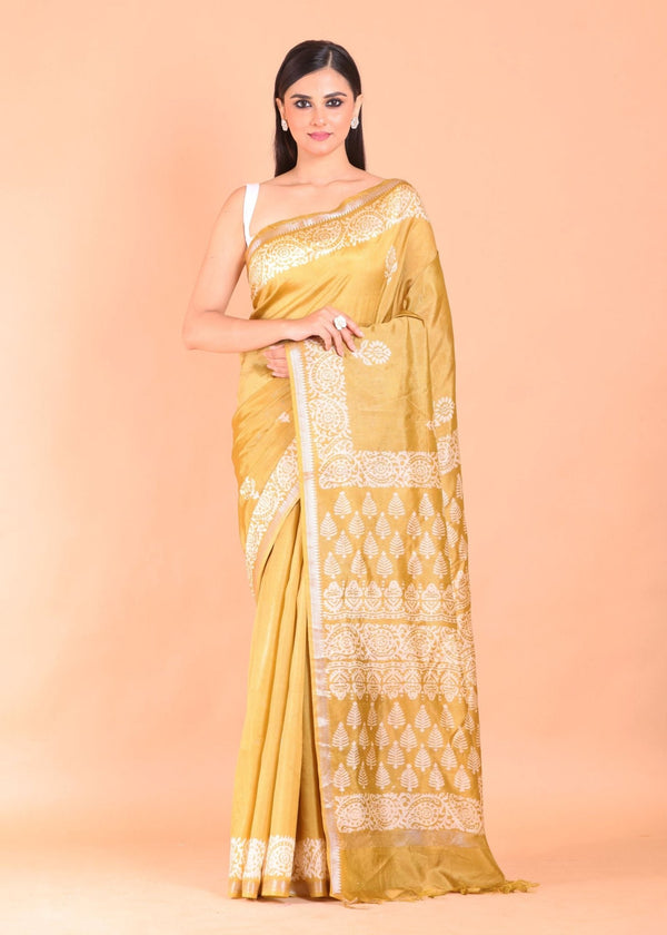 Yellow Hand Block Painted Pure Silk Saree - Anvi Couture