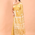 Yellow Hand Block Painted Pure Silk Saree Side View