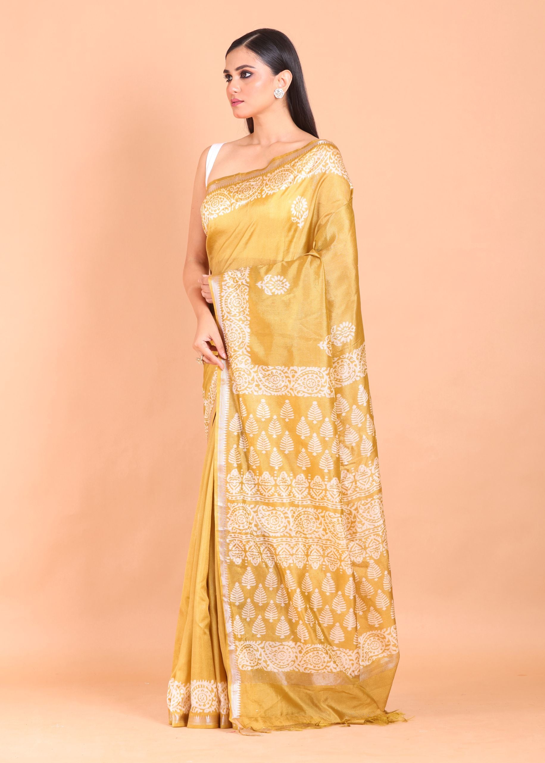 Yellow Hand Block Painted Pure Silk Saree Side View