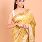 Yellow Hand Block Painted Pure Silk Saree Close Up