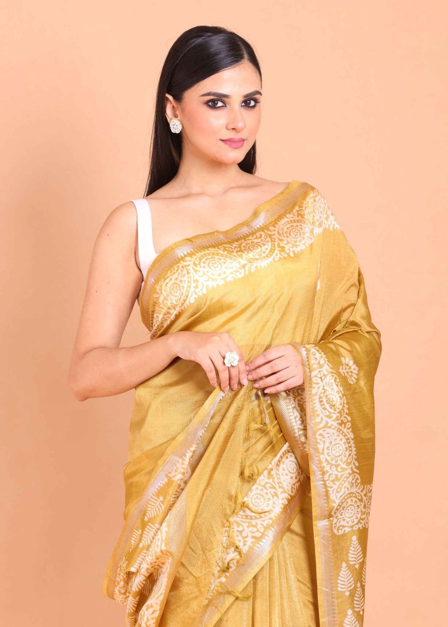 Yellow Hand Block Painted Pure Silk Saree - Anvi Couture