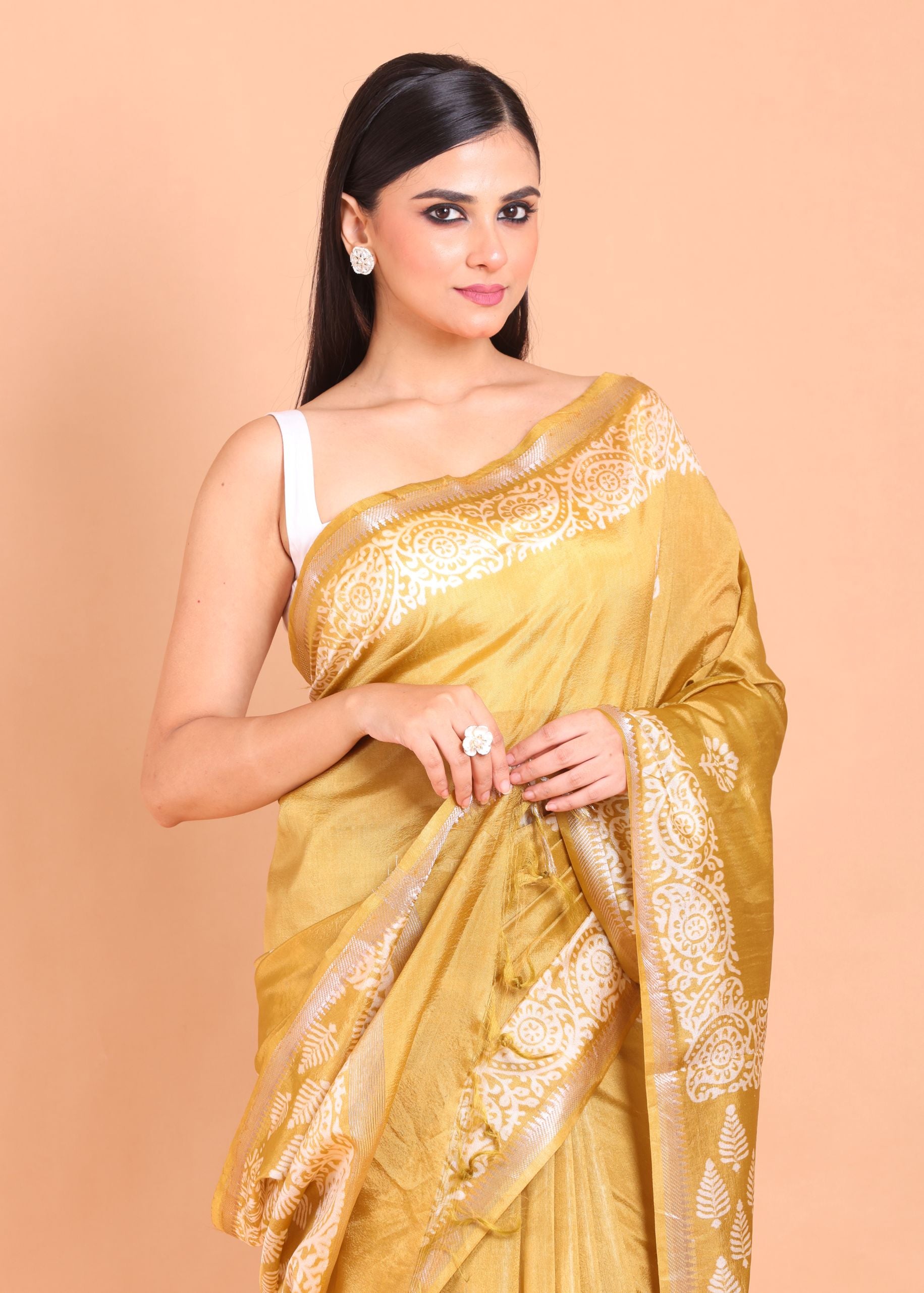 Yellow Hand Block Painted Pure Silk Saree Close Up